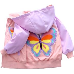 Girls Hooded Jacket Butterfly Zip Coat Little Girls Jacket Lightweight Adorable Outerwear For Spring & Autumn (Pink)