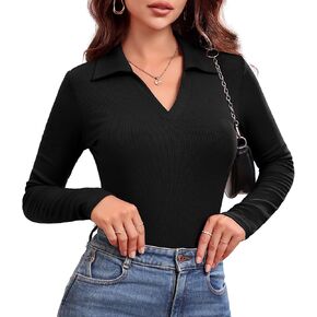 Beluring Womens Long Sleeve Polo T Shirt V Neck Tops Slim Fitted Collared Basic Tees