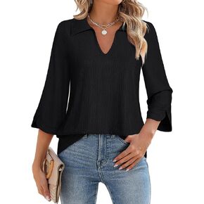 MCKOL Womens 3/4 Sleeve V Neck Polo Shirts Dressy Casual Tops Work Collared Blouses