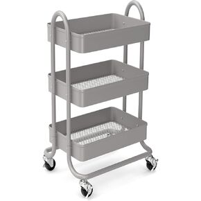 3-Tier Rolling Metal Storage Organizer - Mobile Utility Rolling Storage Cart, Kitchen Cart with Caster Wheels (Grey)