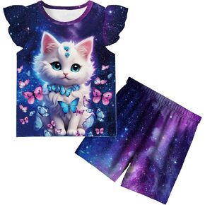 Girls Short Sets 2pcs Ruffle Sleeve Girl Summer Clothes Cute Cat Print Summer Outfits Daily Wear for Girl 2-12Y