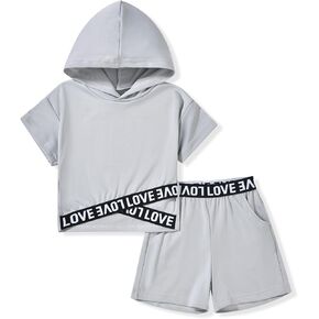 Toddler Little Girls Short Sleeve Hooded Shirts Shorts Set Solid Color Summer 2 Piece Outfit