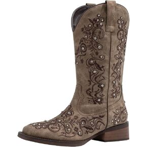 SheSole Women's Cowboy Boots Square Toe Rhinestone Mid Calf Floral Western Boot Fashion Cowgirl Shoes