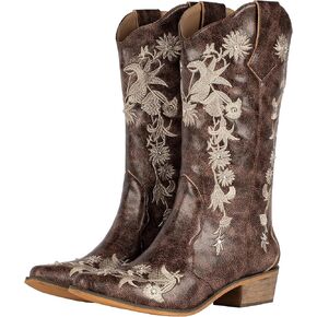 SheSole Women's Floral Embroidery Western Cowgirl Cowboy Boots Mid Wide Calf Country Wedding Boots Snip Toe Brown