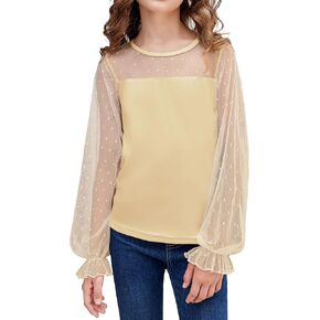 Arshiner Girls Long Sleeve Shirts with Sheer Puff Cute Lantern Sleeve Design Lady Style Swiss Dots Tops for Girls Blouse Tee