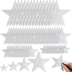 180 Pcs Silver Glitter Star Cutouts Paper Five Star Cutouts Silver Glitter Stars Decorations Silver Star Cutouts for Bulletin Board Stars Classroom Christmas Party Wall Decoration Supply,4 Sizes