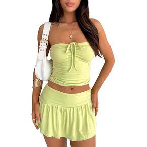 2 Piece Skirt Outfits for Women Y2k Summer Bandeau Going Out Crop Tops and Low Wasit Mini Skorts Sets