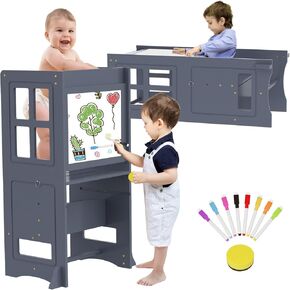 Kitchen Step Stool Helper for Toddlers, Toddler Learning Standing Tower with Whiteboard 2 in 1 Convertible Table and Chair, Removable Safety Rail, Widened Platforms for Little Ones Bathroom Sink