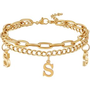 Set of 2 Gold Initial Charm Bracelet for Women Stainless Steel A-Z Name Letter Link Chain Bracelets for Teen Girls