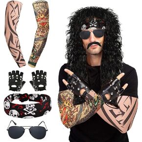 7 Pcs Rocker Costume Men's Wigs Black Curls Disco Costume Men's Party Costume Men with Wigs Sunglasses Beards Sleeves Gloves Headscarves for 70s 80s 90s