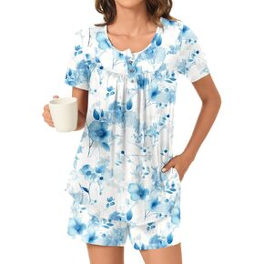 Women Short Sleeve Pajama Set, 2 Piece Lounge set Summer Sleepwear Set Henley Neck Shorts With Pockets Ladies Pjs Set