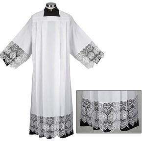 Liturgical Church Garment Polyester and IHS Lace Box Pleated ALB (Large - Back: 56" L/Sleeve: 29" / Fit Height: 6'0" - 6'3")
