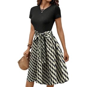 Women's Elegant Vintage Round Neck Short Sleeve Summer Casual Work Party A-Line Dress with Belt 809
