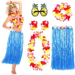 Grass Skirt for Adults, Women, Grils Hula Skirt for Hawaiian Luau Party Outfits with Flower Leis and Sunglasses