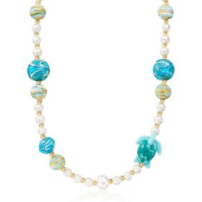 Ross-Simons Italian Multicolored Murano Glass Turtle and Bead Necklace With 6-11mm Cultured Pearls in 18kt Gold Over Sterling. 18 inches