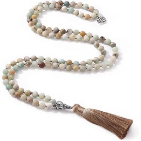 108 Mala Prayer Beads Wrap Necklace with Long Tassel Boho Necklace for Women Amazonite Bead Bracelet with Spiritual Tree of Life Pendant 108 Beads Necklace for Meditation