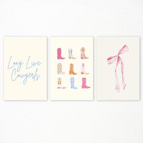 Long Live Cowgirls Canvas Wall Art, Pink Bow Coquette Poster, Set of 3 Coastal Cowgirls Wall Art, Blue Yellow and Pink Cowgirl Boots Painting, Preppy Girly Dorm Apartment Print 12x16in Unframed