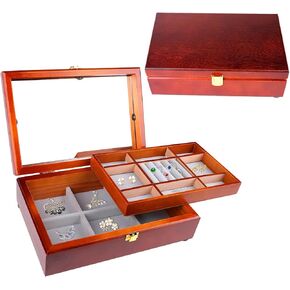 Wooden Jewelry Box For Women With Mirror, 2-Layer Wooden Jewelry Holder Organizer For Necklace, Earrings, Rings Bracelets