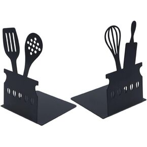 Cookbook Bookends, Creative Metal Hollow Bookends with Non-Slip Mat Kitchen Utensil Shaped Book Stopper Storage Book Holder Book Stand File Organizer