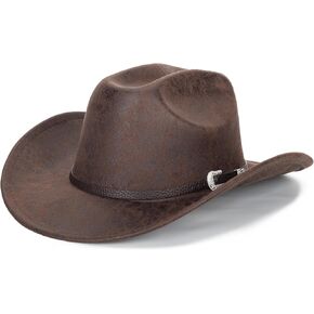 Western-Cowboy-Hats for Women-Men Brown-Pu-Leather-Cowgirl-Hat Wide-Brim-Fedora-Hats Outback Tourist Knight Hat（M-L）