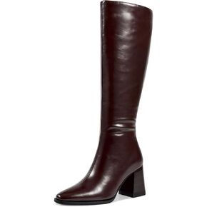 wetkiss Knee High Boots for Women, Chunky Boots with Side Zipper, Stretch Slit, Almond Toe, Stacked Block Heel