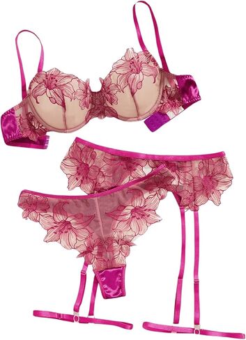 MakeMeChic Women's Floral Embroidery Underwire Bra and Panty Garter Lingerie Sets in Saudi Arabia