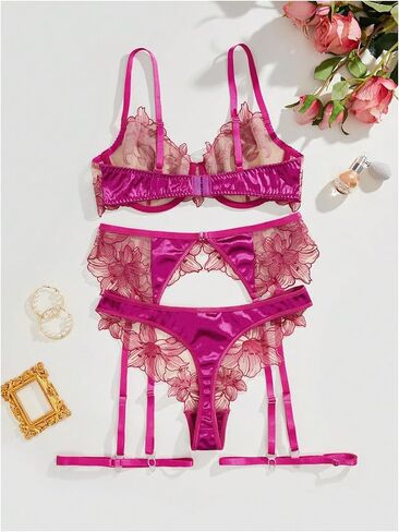 MakeMeChic Women's Floral Embroidery Underwire Bra and Panty Garter Lingerie Sets in Saudi Arabia