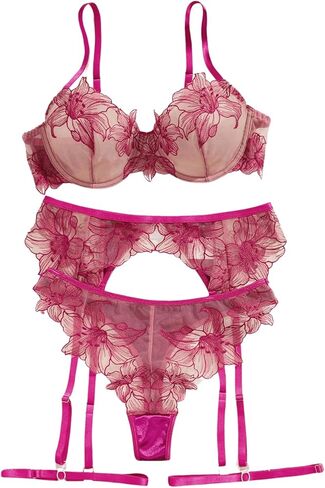 MakeMeChic Women's Floral Embroidery Underwire Bra and Panty Garter Lingerie Sets in Saudi Arabia