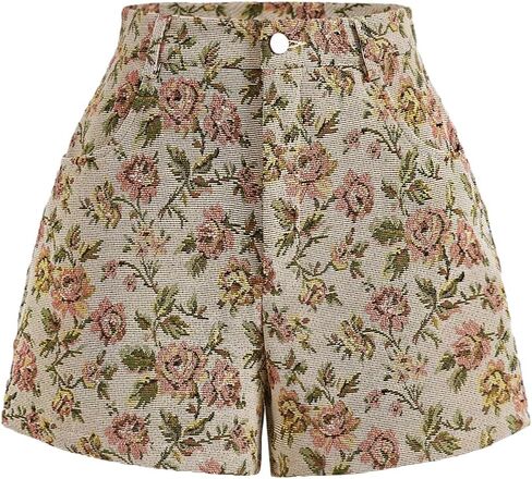 SOLY HUX Women's Boho Floral Print High Waisted Shorts Zipper Fly Straight Leg Vintage Shorts with Pocket in Saudi Arabia