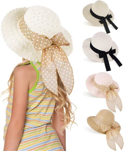 قبعة الشمس للفتيات من القش مع عقدة على شكل فيونكة، قبعة الشاطئ الصيفية بوهو، قبعة مرنة ذات حافة واسعة، قبعة للحماية من الشمس في الهواء الطلق للأطفال من سن 3 إلى 6 سنوات in Kuwait