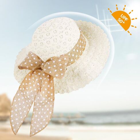 قبعة الشمس للفتيات من القش مع عقدة على شكل فيونكة، قبعة الشاطئ الصيفية بوهو، قبعة مرنة ذات حافة واسعة، قبعة للحماية من الشمس في الهواء الطلق للأطفال من سن 3 إلى 6 سنوات in Kuwait