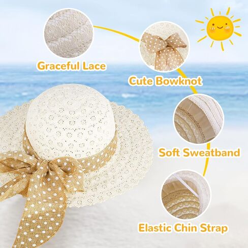 قبعة الشمس للفتيات من القش مع عقدة على شكل فيونكة، قبعة الشاطئ الصيفية بوهو، قبعة مرنة ذات حافة واسعة، قبعة للحماية من الشمس في الهواء الطلق للأطفال من سن 3 إلى 6 سنوات in Kuwait