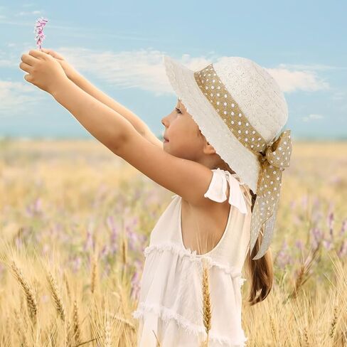 قبعة الشمس للفتيات من القش مع عقدة على شكل فيونكة، قبعة الشاطئ الصيفية بوهو، قبعة مرنة ذات حافة واسعة، قبعة للحماية من الشمس في الهواء الطلق للأطفال من سن 3 إلى 6 سنوات in Kuwait