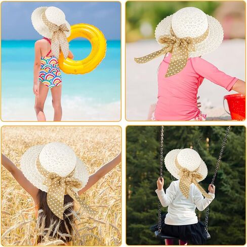 قبعة الشمس للفتيات من القش مع عقدة على شكل فيونكة، قبعة الشاطئ الصيفية بوهو، قبعة مرنة ذات حافة واسعة، قبعة للحماية من الشمس في الهواء الطلق للأطفال من سن 3 إلى 6 سنوات in Kuwait