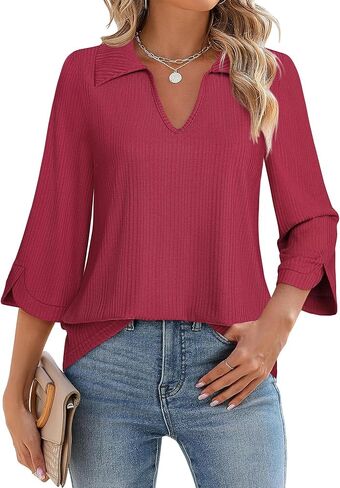 قمصان بولو نسائية من MCKOL بأكمام 3/4 ورقبة على شكل حرف V، بلوزات كاجوال ذات ياقة للعمل in Kuwait