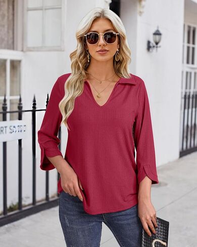 قمصان بولو نسائية من MCKOL بأكمام 3/4 ورقبة على شكل حرف V، بلوزات كاجوال ذات ياقة للعمل in Kuwait