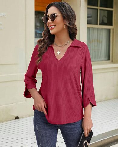 قمصان بولو نسائية من MCKOL بأكمام 3/4 ورقبة على شكل حرف V، بلوزات كاجوال ذات ياقة للعمل in Kuwait