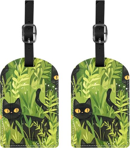 2 Pack Luggage Tag Suitcase Tags PU Leather Identifiers Privacy Cover Luggage Tags Aesthetic Cute Travel Bag Labels and Address Card for Women Girls Men-Black Cat in Saudi Arabia