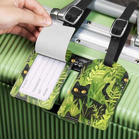 2 Pack Luggage Tag Suitcase Tags PU Leather Identifiers Privacy Cover Luggage Tags Aesthetic Cute Travel Bag Labels and Address Card for Women Girls Men-Black Cat in Saudi Arabia