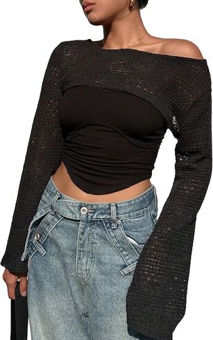 Women's Hollow Out Bolero Shrug Crop Top Long Sleeve Y2k Crochet Bolero Crop Top Streetwear in Saudi Arabia