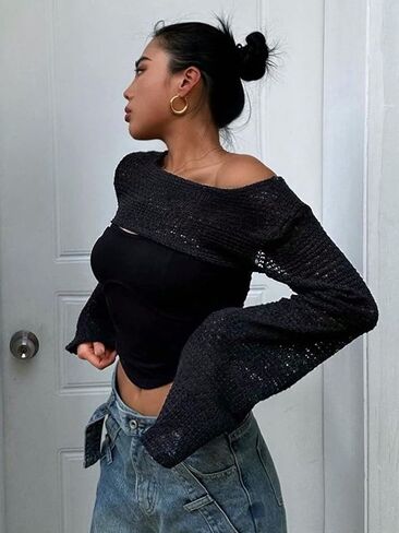Women's Hollow Out Bolero Shrug Crop Top Long Sleeve Y2k Crochet Bolero Crop Top Streetwear in Saudi Arabia