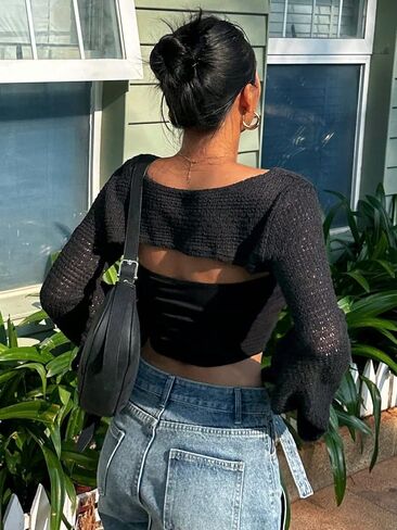 Women's Hollow Out Bolero Shrug Crop Top Long Sleeve Y2k Crochet Bolero Crop Top Streetwear in Saudi Arabia