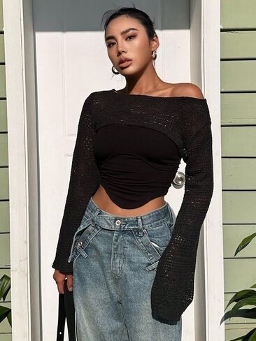 Women's Hollow Out Bolero Shrug Crop Top Long Sleeve Y2k Crochet Bolero Crop Top Streetwear in Saudi Arabia