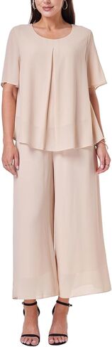Women's 2 Piece Chiffon Sets Outfits Flowy Summer Casual Dressy Pantsuits Double Layers Blouse Capris Pants Suits in Saudi Arabia