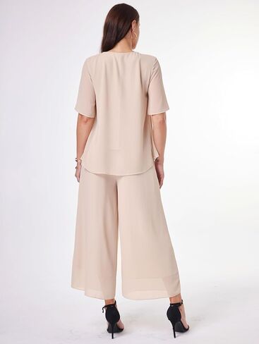 Women's 2 Piece Chiffon Sets Outfits Flowy Summer Casual Dressy Pantsuits Double Layers Blouse Capris Pants Suits in Saudi Arabia