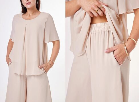 Women's 2 Piece Chiffon Sets Outfits Flowy Summer Casual Dressy Pantsuits Double Layers Blouse Capris Pants Suits in Saudi Arabia