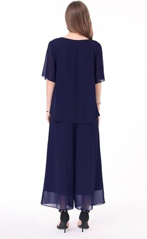 Women's 2 Piece Chiffon Sets Outfits Flowy Summer Casual Dressy Pantsuits Double Layers Blouse Capris Pants Suits in Saudi Arabia