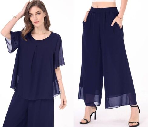 Women's 2 Piece Chiffon Sets Outfits Flowy Summer Casual Dressy Pantsuits Double Layers Blouse Capris Pants Suits in Saudi Arabia