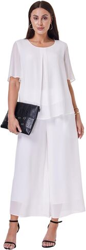 Women's 2 Piece Chiffon Sets Outfits Flowy Summer Casual Dressy Pantsuits Double Layers Blouse Capris Pants Suits in Saudi Arabia