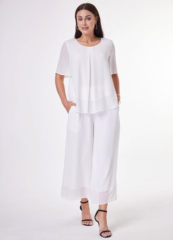 Women's 2 Piece Chiffon Sets Outfits Flowy Summer Casual Dressy Pantsuits Double Layers Blouse Capris Pants Suits in Saudi Arabia